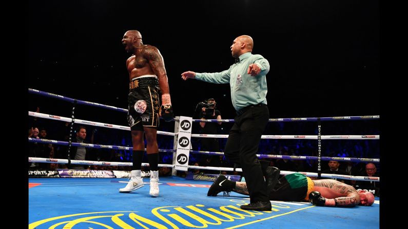 Dillian Whyte reacts after knocking out Lucas Browne in the sixth round of their heavyweight fight in London on Saturday, March 24.