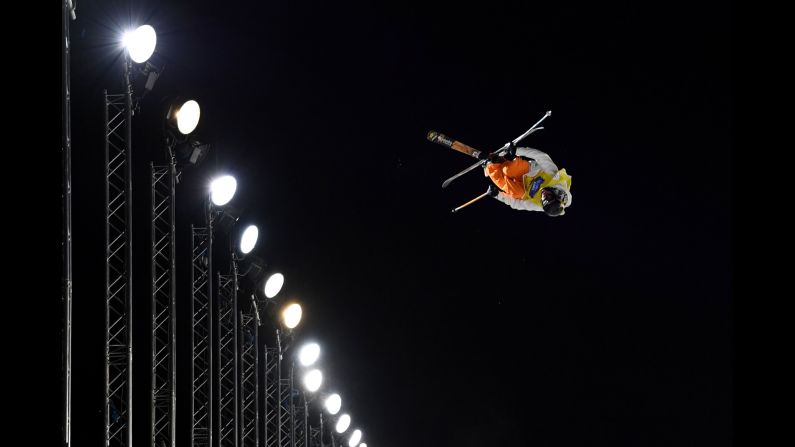 American skier Alex Ferreira competes on the halfpipe during the World Cup final in Tignes, France, on Thursday, March 22. Ferreira finished in second but clinched his first World Cup title. He also won Olympic silver last month.