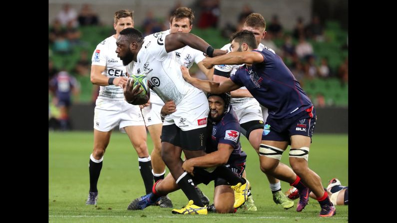 The Sharks' Tendai Mtawarira breaks a tackle during a Super Rugby game in Melbourne on Friday, March 23. 