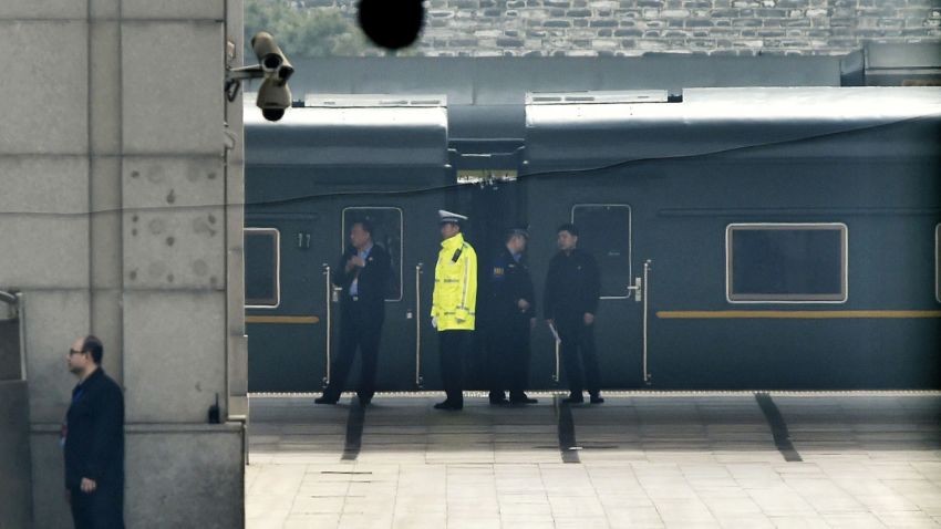 A special train is seen at Beijing Railway Station in Beijing Tuesday, March 27, 2018. Speculation about a visit to Beijing by North Korean leader Kim Jong Un or another high-level Pyongyang official was running high Tuesday amid talk of preparations for a meeting between the North's reclusive leader and President Donald Trump. (Kyodo News via AP)