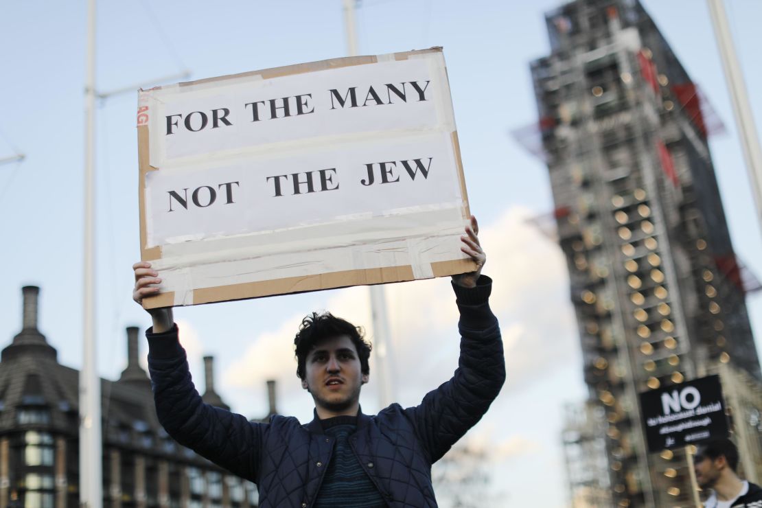 Members of the Jewish community hold a protest against Britain's opposition Labour party leader Jeremy Corbyn and anti-semitism in the  Labour party, outside the British Houses of Parliament.