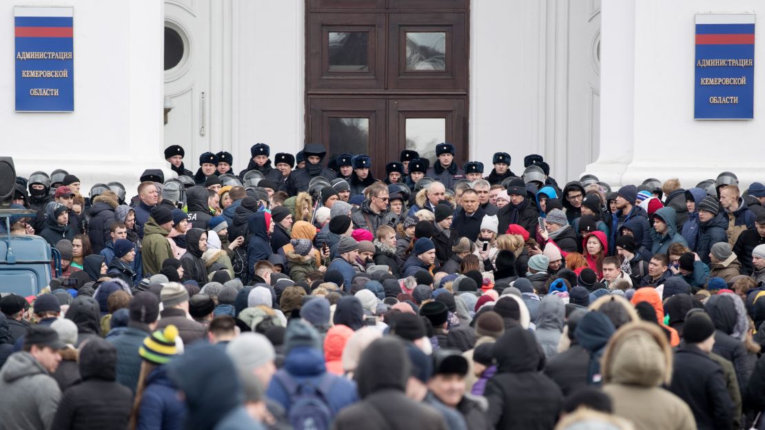 Residents rally in front of the Kemerovo municipal building on Tuesday.
