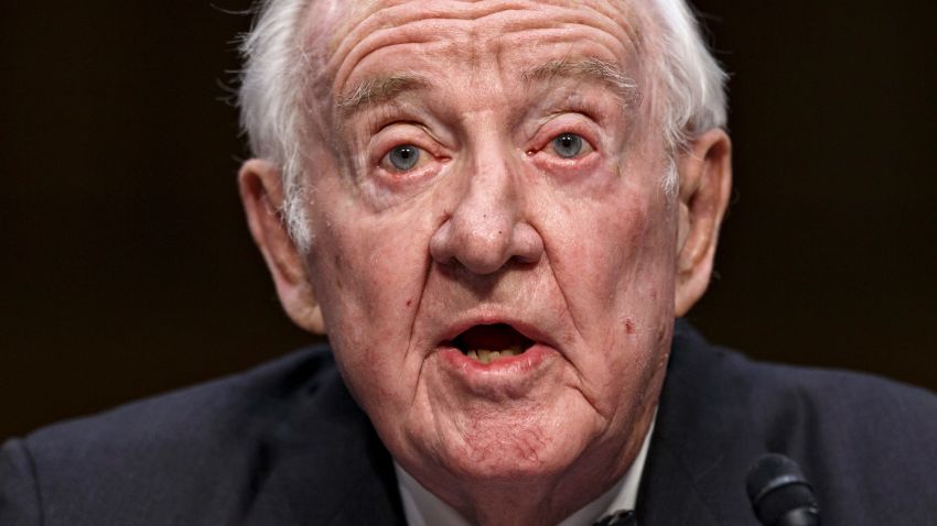 Retired Supreme Court Justice John Paul Stevens testifies on the ever-increasing amount of money spent on elections as he appears before the Senate Rules Committee on Capitol Hill in Washington, Wednesday, April 30, 2014. The panel is examining campaign finance rules which have been eased since 2010 court decisions opened the door for wealthy political action committees that can accept unlimited donations as expressions of political speech.  (AP Photo)