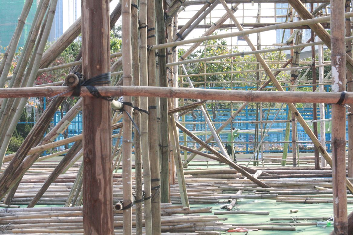 A close up of the bamboo theater as it rises.