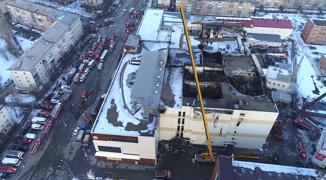 An aerial view of the multistory shopping mall after Sunday's fire.
