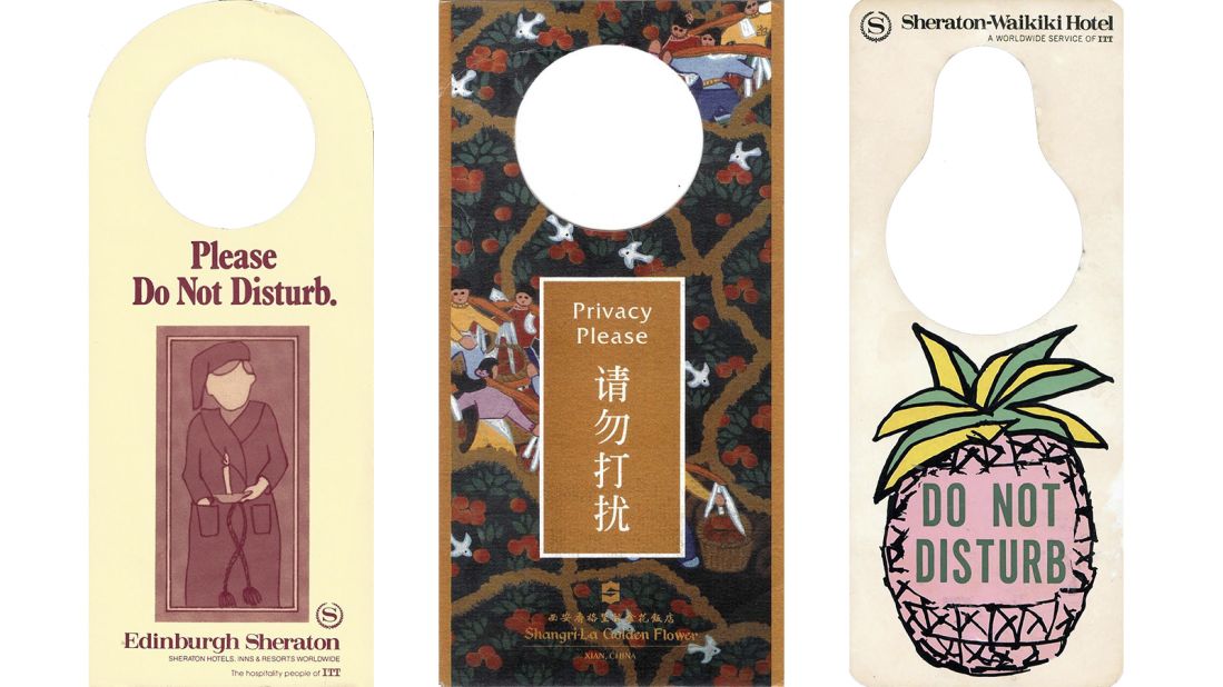 <strong>Further collections</strong>: Flores concentrates on Do Not Disturb signs, but in the past he has flirted with collecting hotel key cards and airline spoons. <em>Pictured here: Sheraton Hotel, Edinburgh, Scotland, UK; Shangri-La Golden Flower Hotel, Xi'an, China and Sheraton Waikiki Hotel Honolulu Hawaii.</em>