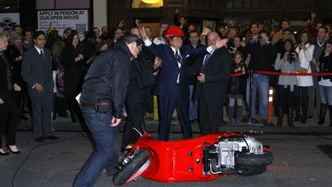 Regis Philbin crashes his scooter during the "Late Show With David Letterman" at the Ed Sullivan Theater in New York City on November 17, 2011. 