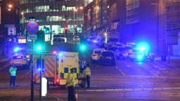 Emergency response vehicles are parked at the scene of a terrorist attack during a pop concert by US star Ariana Grande in Manchester on May 23, 2017. 