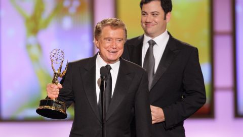 Regis Philbin and Jimmy Kimmel on stage at the 35th Annual Daytime Emmy Awards in Los Angeles, California, on June 20, 2008.
