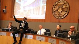 SACRAMENTO, CA - MARCH 27:  Stevante Clark, brother of Stephon Clark, disrupts a special city council meeting at Sacramento City Hall on March 27, 2018 in Sacramento, California. Hundreds packed a special city council meeting at Sacramento City Hall to address concerns over the shooting death of Stephon Clark by Sacramento police.  (Photo by Justin Sullivan/Getty Images)