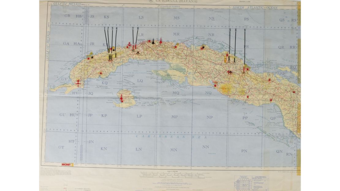 The 1962 map shows nine potential US targets in Cuba.