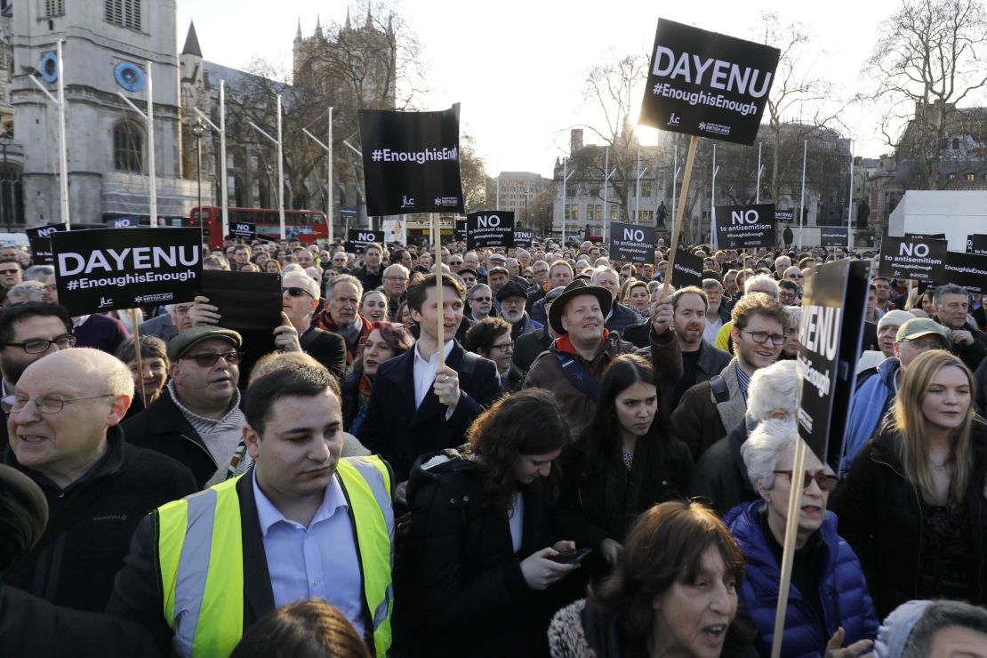 Members of the Jewish community protest against Labour Party leader Jeremy Corbyn in March.