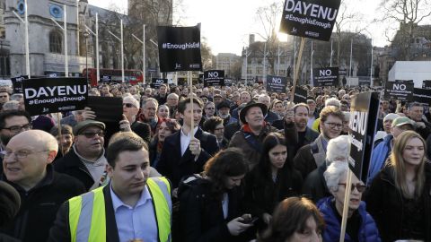 Members of the Jewish community hold a protest against Britain's opposition Labour party leader Jeremy Corbyn and anti-semitism in the  Labour party.