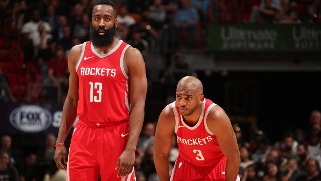 Could MVP candidate James Harden, left, and Chris Paul of the Rockets dethrone the Warriors?