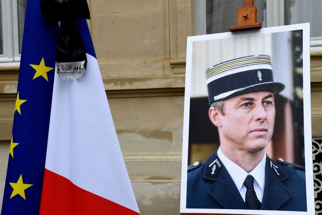 A portrait of Beltrame is pictured during  a minute of silence at the Interior Ministry in Paris.
