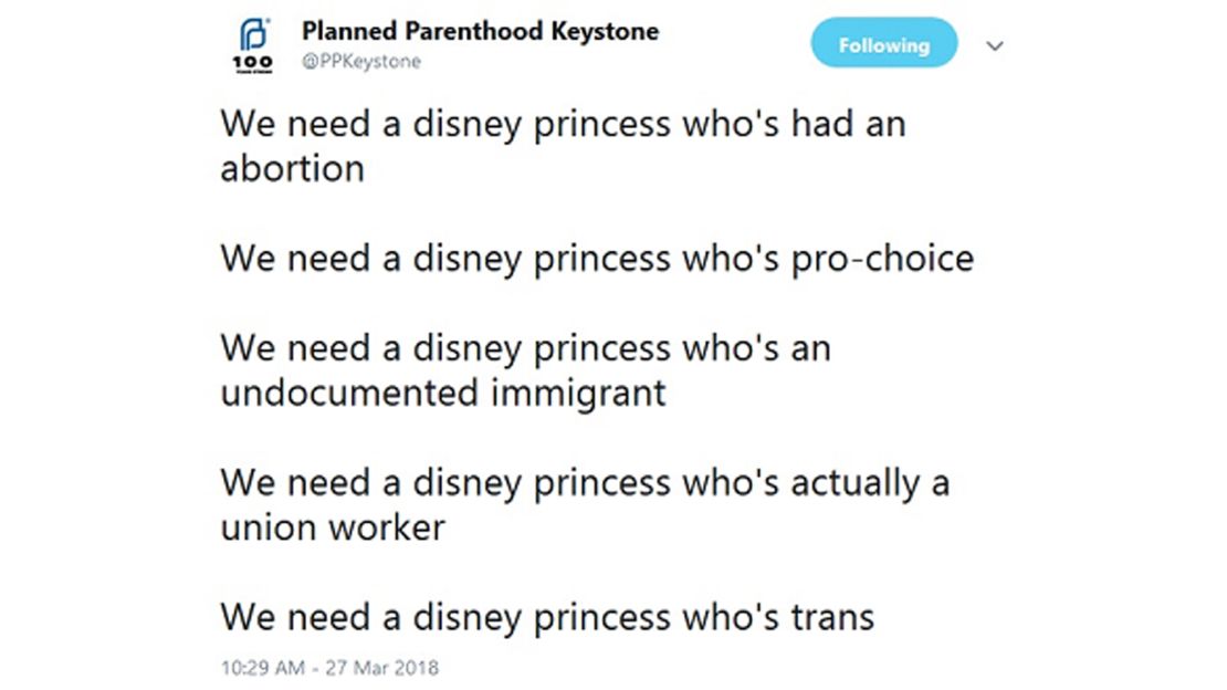 A Planned Parenthood branch in Pennsylvania tweeted and then deleted a meme suggesting a Disney princess, who had had an abortion.