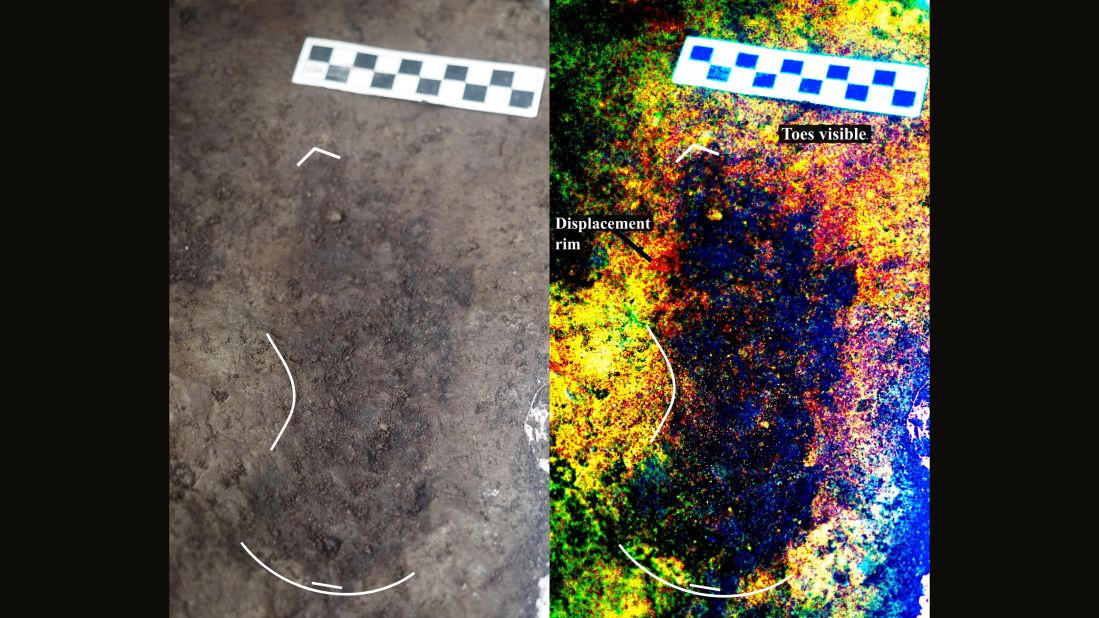 On the left is a 13,000-year-old footprint as found in the sediment on Calvert Island, off the Canadian Pacific coast. On the right is a digitally enhanced image, showing details of the footprint. 