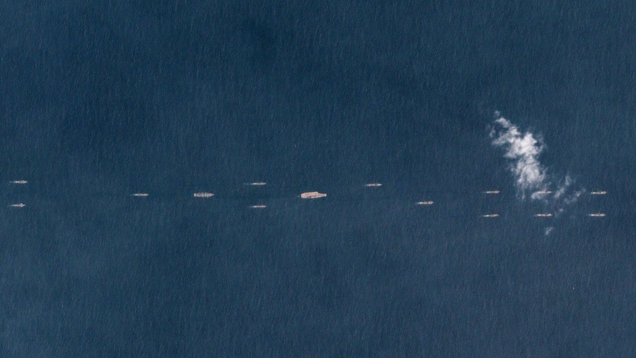 Satellite images from Planet Labs show the Liaoning aircraft carrier with a fleet of PLA Navy vessels, experts say