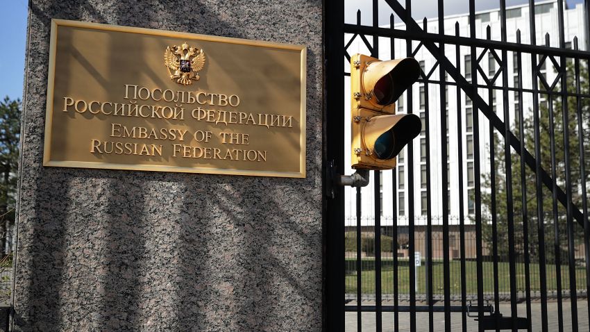 WASHINGTON, DC - MARCH 26:  A brass plaque written in English and Cyrillic at the front gate of the Embassy of the Russian Federation March 26, 2018 in Washington, DC. (Chip Somodevilla/Getty Images)