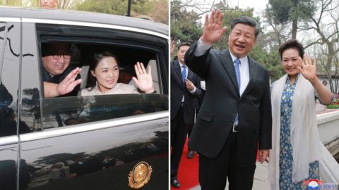 North Korean leader Kim Jong Un and his wife, Ri Sol Ju, (left) wave to Chinese President Xi Jinping and his wife, Peng Liyuan (right) in photos released by North Korean state media.
