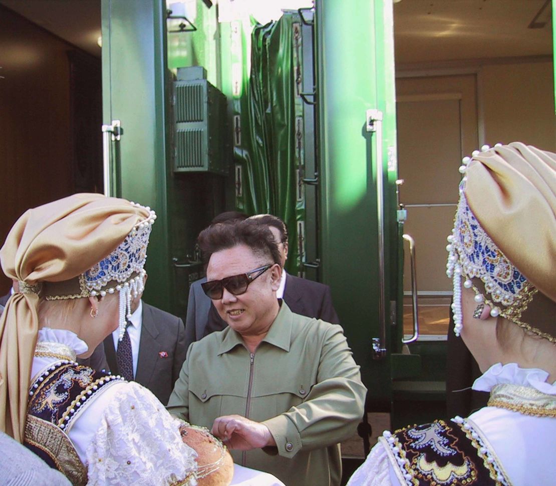 The late father of Kim Jong Un steps off his train in August 2001 in the Russian city of Omsk.