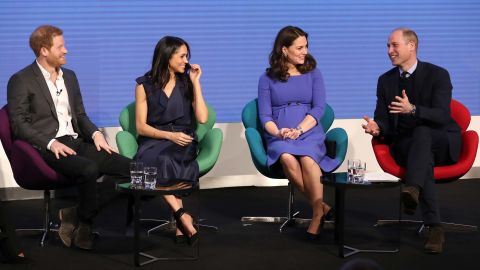 Prince Harry, Meghan Markle, Catherine, Duchess of Cambridge, and Prince William attend the first annual Royal Foundation Forum on February 28 in London.