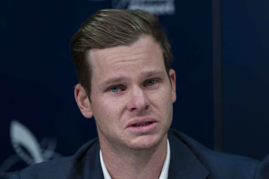 An emotional Smith confronts the media at Sydney International Airport on March 29, 2018.