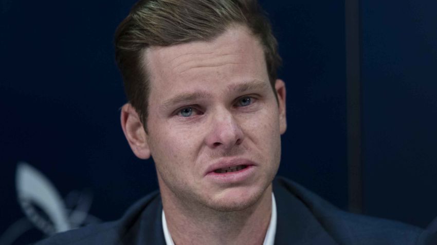 SYDNEY, NEW SOUTH WALES - MARCH 29:  An emotional Steve Smith, the former Australian Test Cricket Captain, confronts the media at Sydney International Airport on March 29, 2018 in Sydney, Australia. Steve Smith, David Warner and Cameron Bancroft were flown back to Australia following investigations into alleged ball tampering in South Africa.  (Photo by Brook Mitchell/Getty Images)