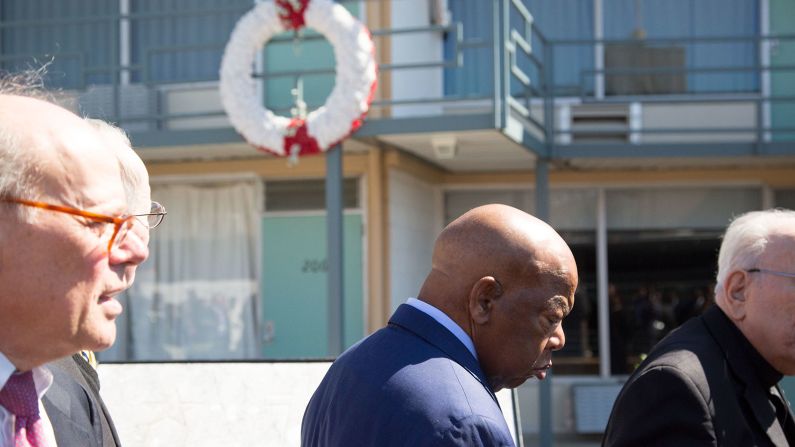 Rep. John Lewis, a leader in the civil rights movement, stands outside room 306 at the Lorraine Motel to mark the 50th anniversary of King's death.<br />"When he died, I think something died in all of us. Something died in America," Lewis says. "Each day, I think we must find a way to dream the dream that he dreamed. And build on what he left all of us."