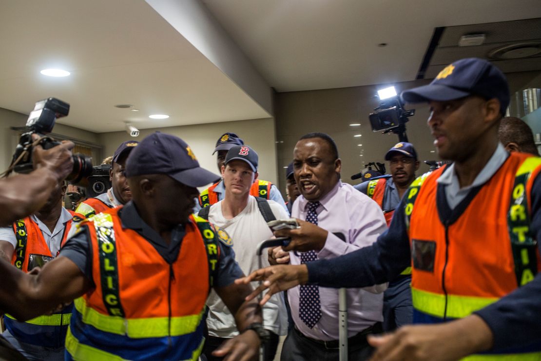 Former captain Steve Smith of the Australian Cricket Team departs at O.R. Tambo International Airport after being caught cheating in the Sunfoil Test Series between Australia and South Africa.