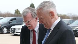 U.S. Secretary of Defense Jim Mattis (R), greets Amb. John Bolton upon his arrival for a meeting at the Pentagon, on March 29, 2018 in Arlington, Virginia. President Trump has picked Bolton to be his new National Security Advisor.  (Mark Wilson/Getty Images)