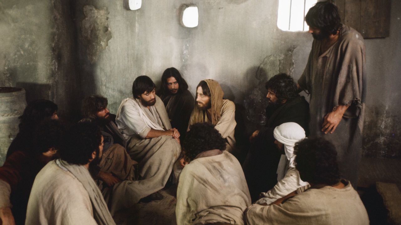In the film "Jesus of Nazareth," Jesus, played by Robert Powell, appears to the disciples after his resurrection. 