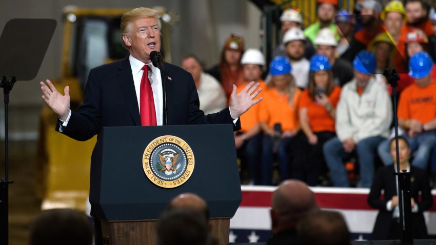 President Donald Trump speaks to a crowd gathered at the Local 18 Richfield Facility of the Operating Engineers Apprentice and Training, a union and apprentice training center specializing in the repair and operation of heavy equipment on March 29, 2018 in Richfield, Ohio. 