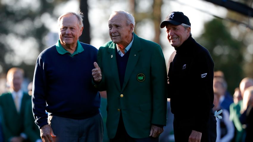 AUGUSTA, GEORGIA - APRIL 07:  Honorary starters Jack Nicklaus, Arnold Palmer and Gary Player attend the ceremonial tee off to start the first round of the 2016 Masters Tournament at Augusta National Golf Club on April 7, 2016 in Augusta, Georgia.  (Photo by Kevin C. Cox/Getty Images)