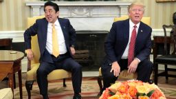 WASHINGTON, DC - FEBRUARY 10:  (CHINA OUT, SOUTH KOREA OUT) Japanese Prime Minister Shinzo Abe and U.S. President Donald Trump talk during their bilateral meeting in the Oval Office at the White House on February 10, 2017 in Washington, DC. Trump and Abe are expected to discuss many issues, including trade and security ties.  (Photo by The Asahi Shimbun via Getty Images)