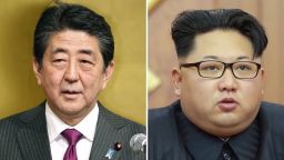 Combined file photo shows Japanese Prime Minister Shinzo Abe (L) and North Korean leader Kim Jong Un. Japan plans to explore the possibility of a summit between the two, as it considers adopting a new way of dealing with North Korea, government sources said on March 13, 2018. (Kyodo)
==Kyodo
(Photo by Kyodo News via Getty Images)