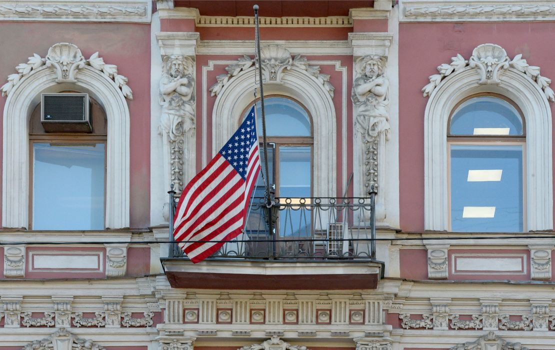 The flag of the United States flies outside the US Consulate building in St. Petersburg ahead of its announced closure by Russian Foreign Minister Sergey Lavrov.