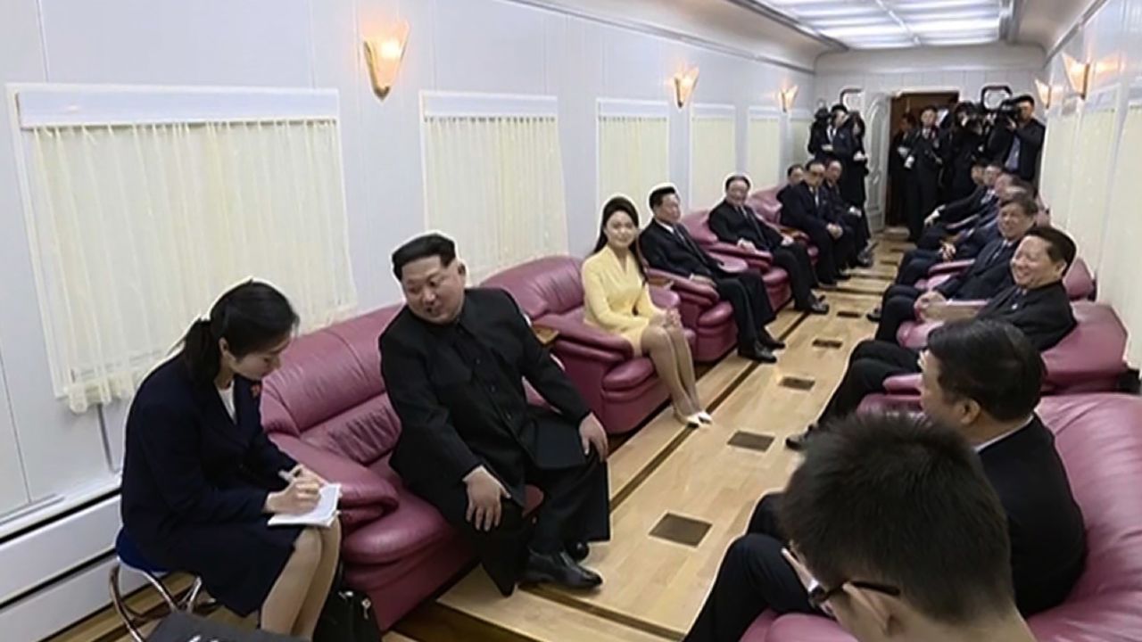 Chinese officials hold a meeting with Kim on the train at Dandong.