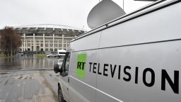 A Russia's state-controlled Russia Today (RT) television broadcast van is seen parked outside the Luzhniki stadium ahead of an international friendly football match between Russia and Argentina in Moscow on November 11, 2017. / AFP PHOTO / Kirill KUDRYAVTSEV        (Photo credit should read KIRILL KUDRYAVTSEV/AFP/Getty Images)