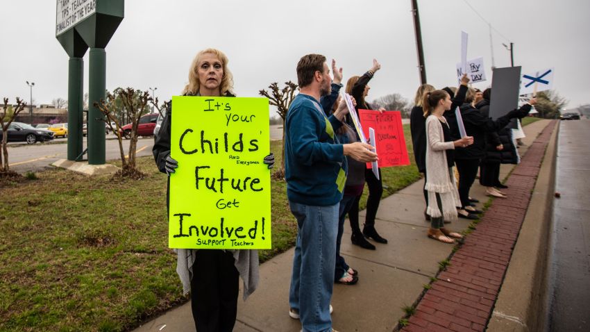 Pam Kirkley protests with other teachers at Thoreau Demonstration Academy on March 28, 2018, in Tulsa, Oklahoma.