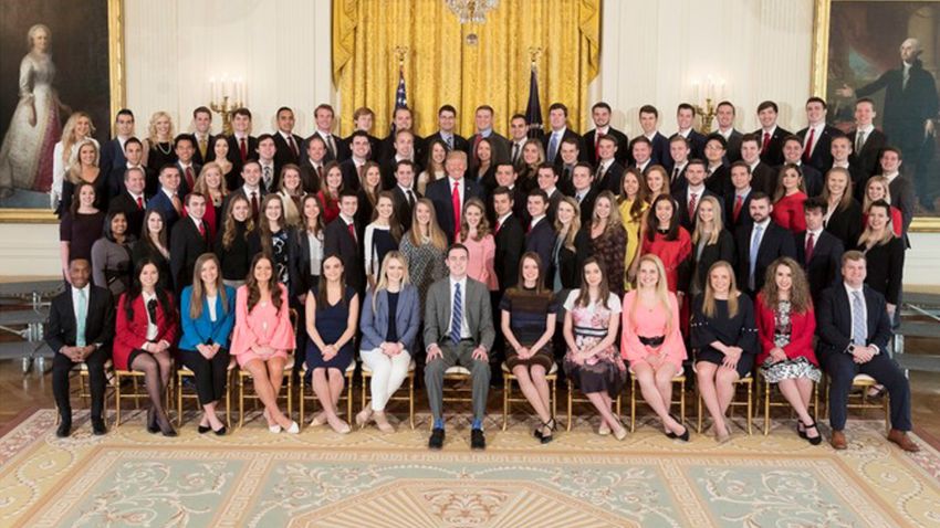President Donald J. Trump poses for photos with the 2018 White House Spring intern class in the East Room at the White House, Monday, March 26, 2018, in Washington, D.C.