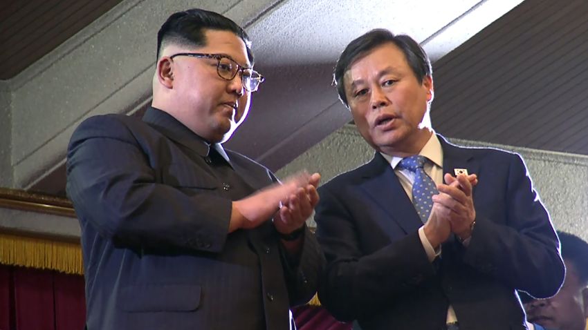 This picture captured from a video footage by Korea Pool reporters shows North Korean leader Kim Jong Un (L) and South Korea's Culture, Sports and Tourism Minister Do Jong-whan (R) during a rare concert by South Korean musicians at the 1,500-seat East Pyongyang Grand Theatre in Pyongyang on April 1, 2018.
North Korean leader Kim Jong Un on April 1 attended the first concert in Pyongyang for over a decade by South Korean entertainers, including a K-pop girlband, the latest gesture of reconciliation before a rare inter-Korean summit.  / AFP PHOTO / KOREA POOL / - / South Korea OUT        (Photo credit should read -/AFP/Getty Images)