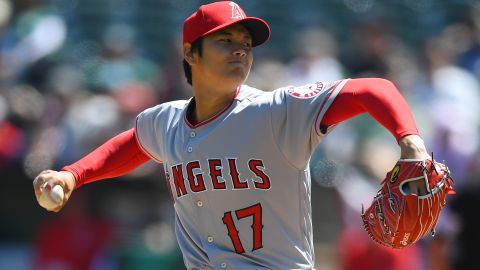 Shohei Ohtani in his major league pitching debut against the Athletics on Sunday in Oakland.