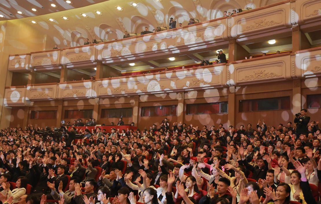 Pyongyang residents watch the performance at the East Pyongyang Grand Theatre in Pyongyang in this image released by KCNA. 