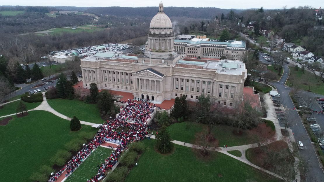 Thousands of Kentucky teachers rallied at the state Capitol in Frankfort on April 2.
