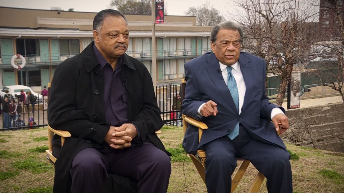 Jesse Jackson and Andrew Young at the site of Martin Luther King Jr.'s death.