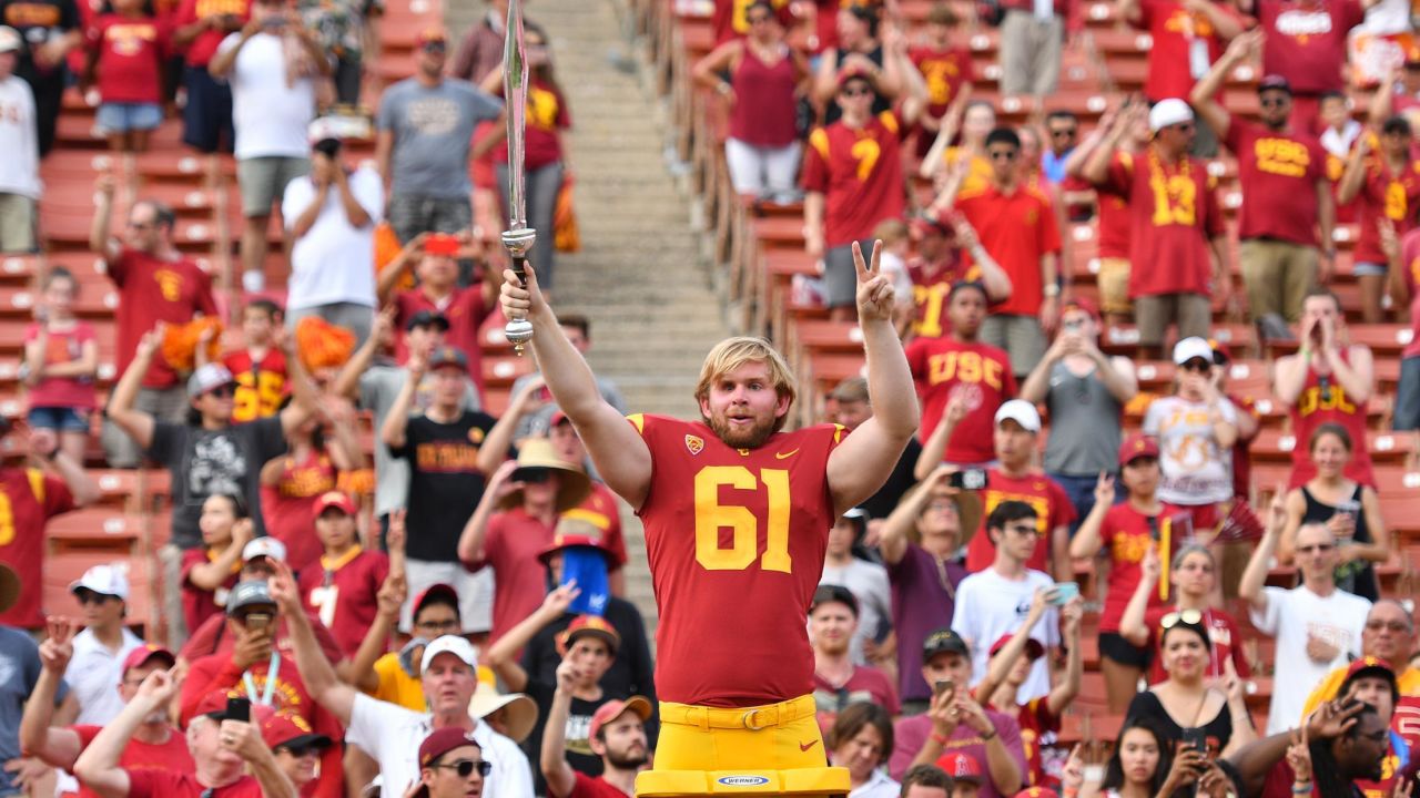 Jake Olson directs the band after playing in his first NCAA football game between the Western Michigan Broncos and the USC Trojans on September 2.