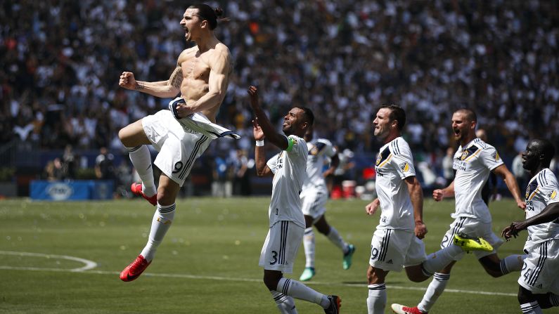 Zlatan Ibrahimovic is chased by his Los Angeles Galaxy teammates as they celebrate <a  target="_blank" target="_blank">his spectacular first goal</a> against Los Angeles FC on Saturday, March 31. The Swedish superstar was making his Major League Soccer debut, and he scored twice to help the Galaxy come back from three goals down to win 4-3.