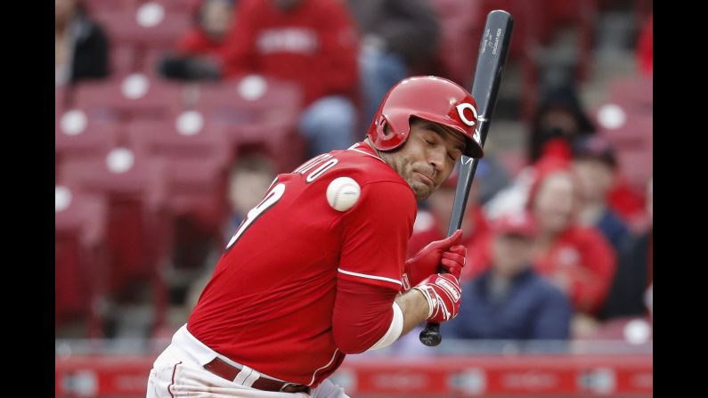 Cincinnati's Joey Votto is hit by a pitch during a Major League Baseball game against Washington on Sunday, April 1.