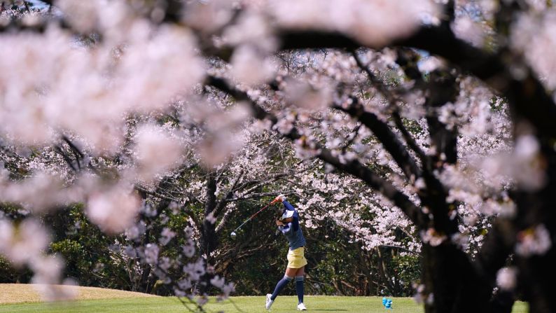 Riko Inoue hits a tee shot during a tournament in Itoshima, Japan, on Wednesday, March 28.